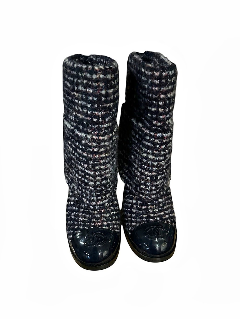 Chanel Navy Tweed and Patent Leather CC Cap Toe Ankle Booties